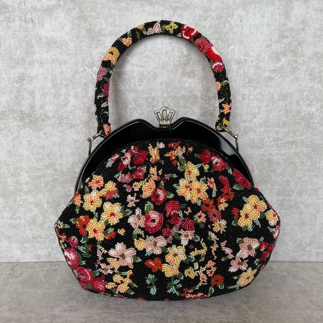 ⭐️一点物⭐️ 総ビーズバッグ 和装 手刺繍 総柄 花柄 がま口 着物 成人式 ビーズバッグ ハンドバッグ 和装 総ビーズ 白 ピンク 花柄 がま口 | Pay ID