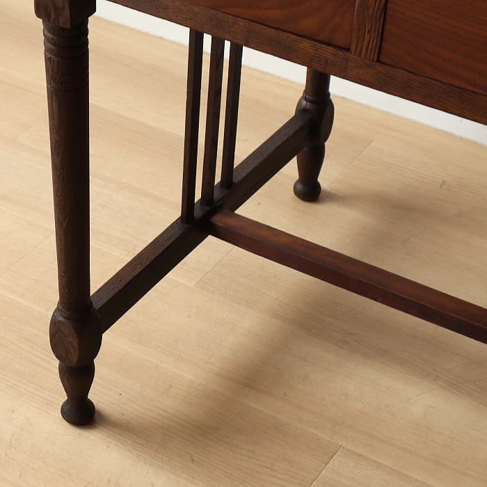 アンティーク ナラ材 ロクロ脚 片袖机 レトロ 真鍮金具 デスク 古家具