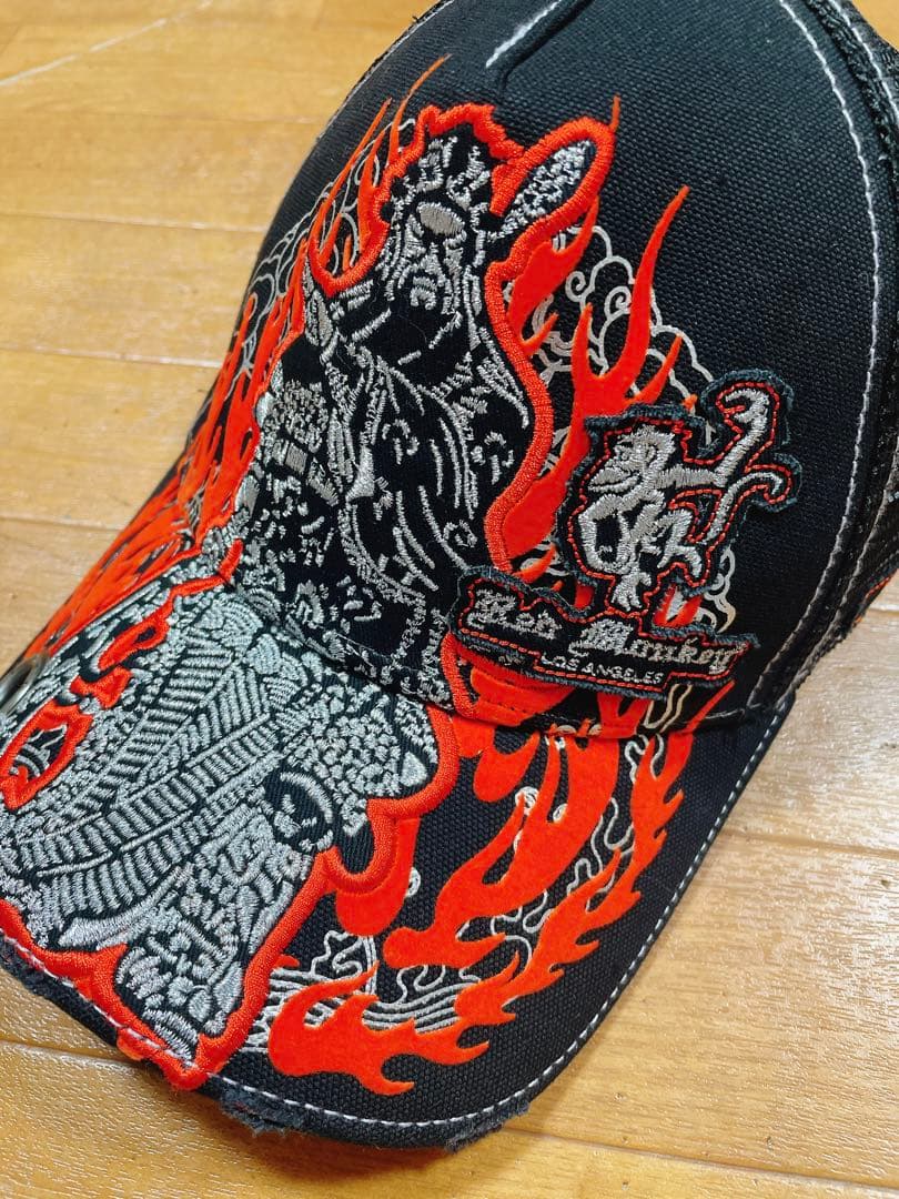 red monkey 炎 ファイア 刺繍 キャップ 帽子 ブラック エンペラー