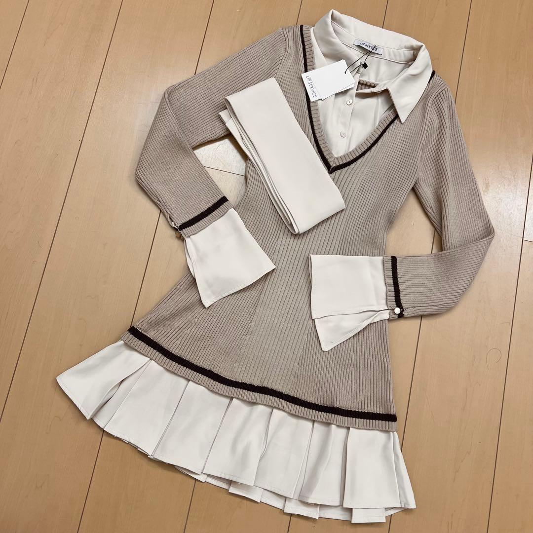 11新品リップサービスシャツドッキングプリーツワンピースベージュ