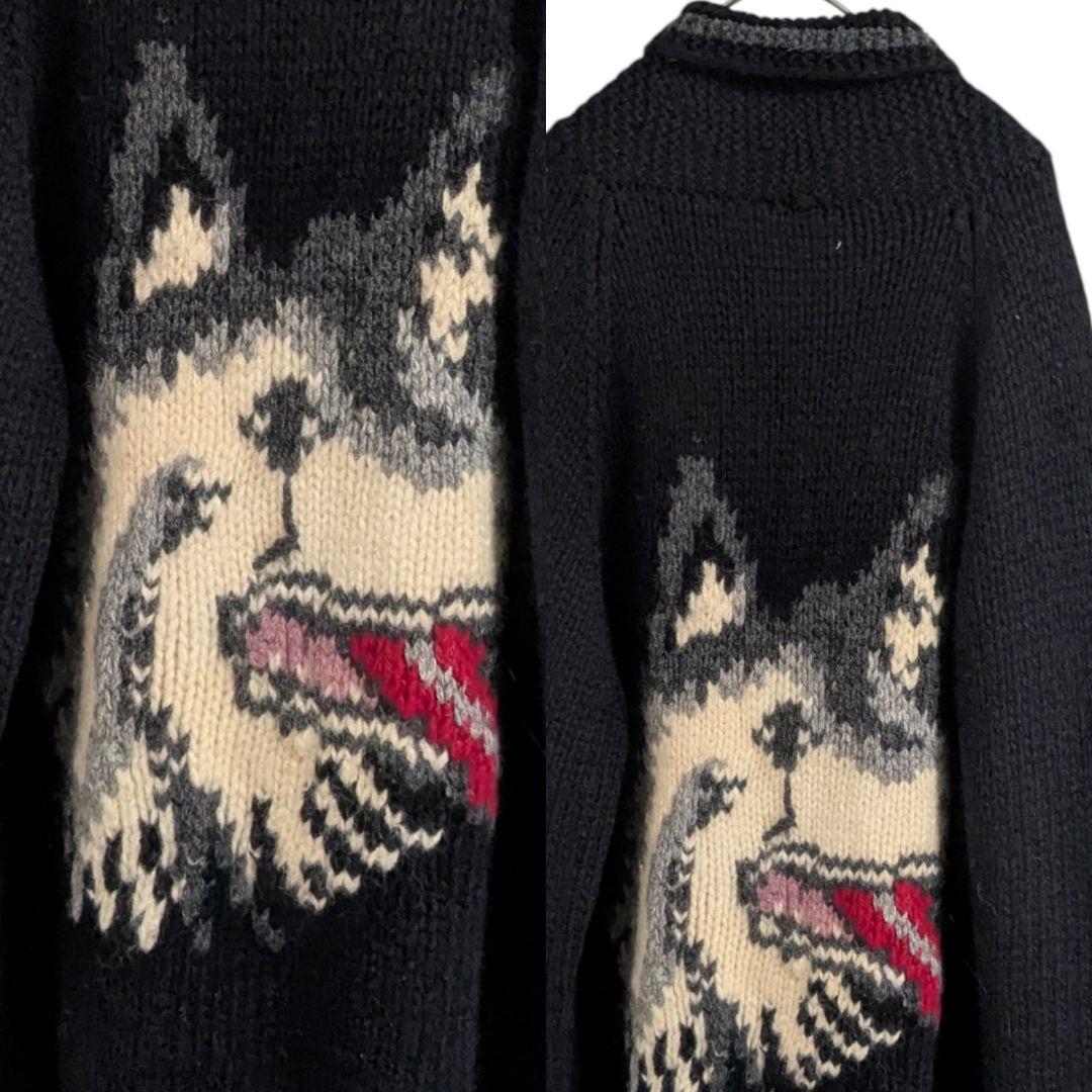 Vintage古着 80s 狼オオカミウルフ カウチンニット ジップアップ 犬
