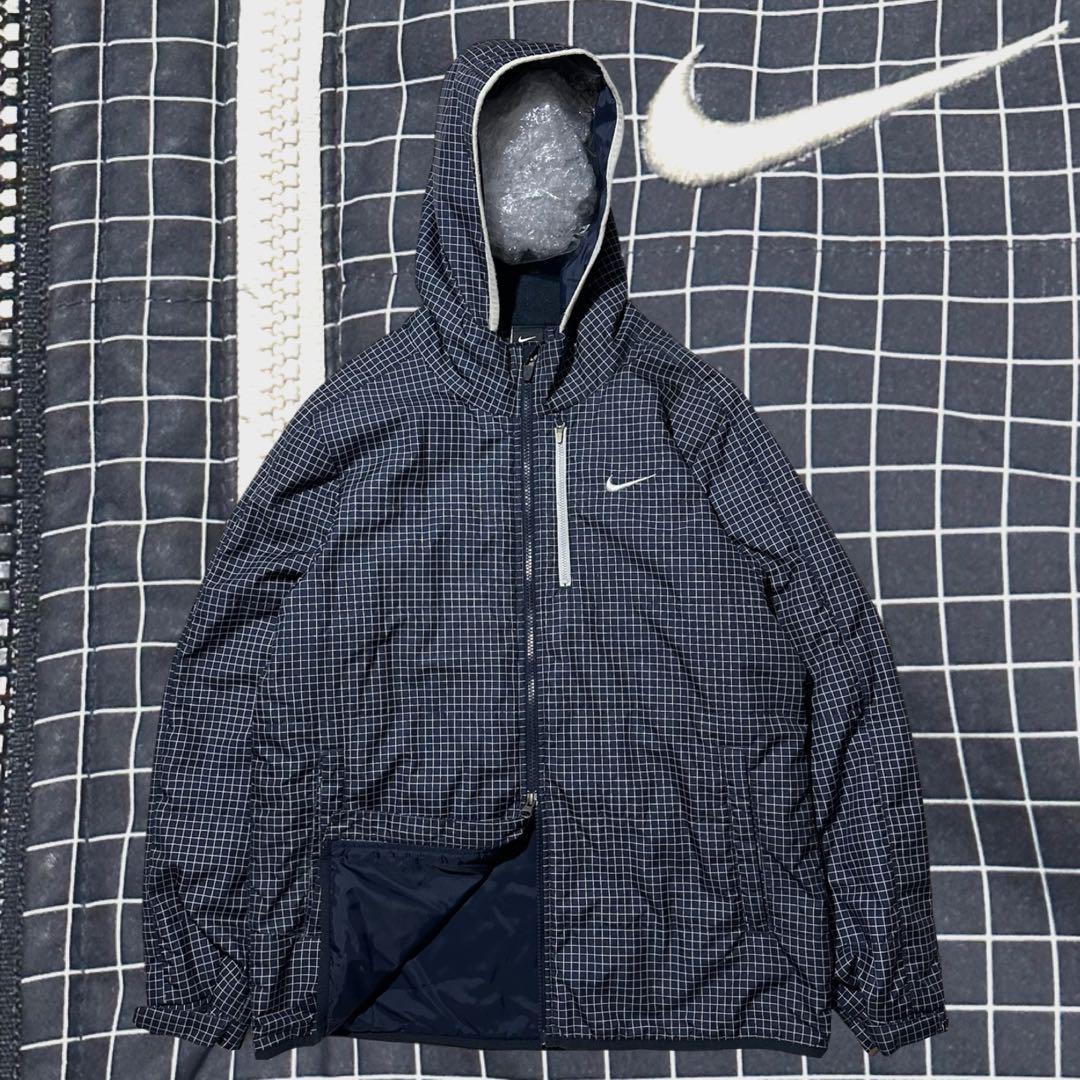 NIKE 00s y2k ナイロンジャケット ネイビー チェック 刺繍ロゴ - メルカリ