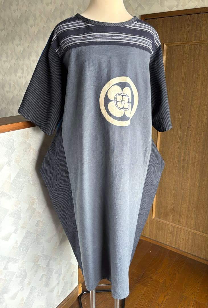 家紋 大幕 風呂敷 ドロップポケットワンピース 前後同型 藍染木綿