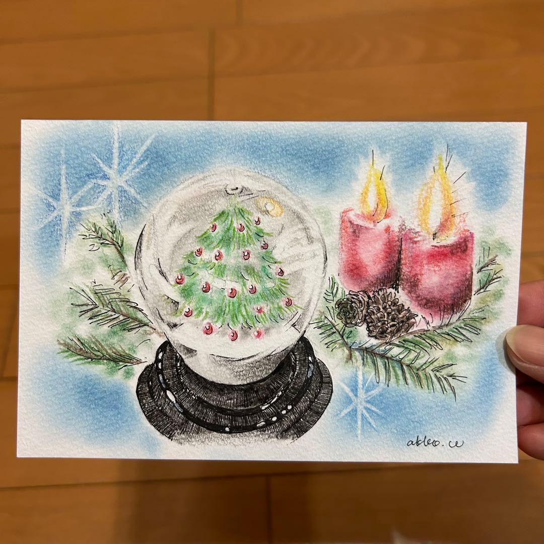 手描きイラスト 原画 スノードームとキャンドル クリスマス - メルカリ