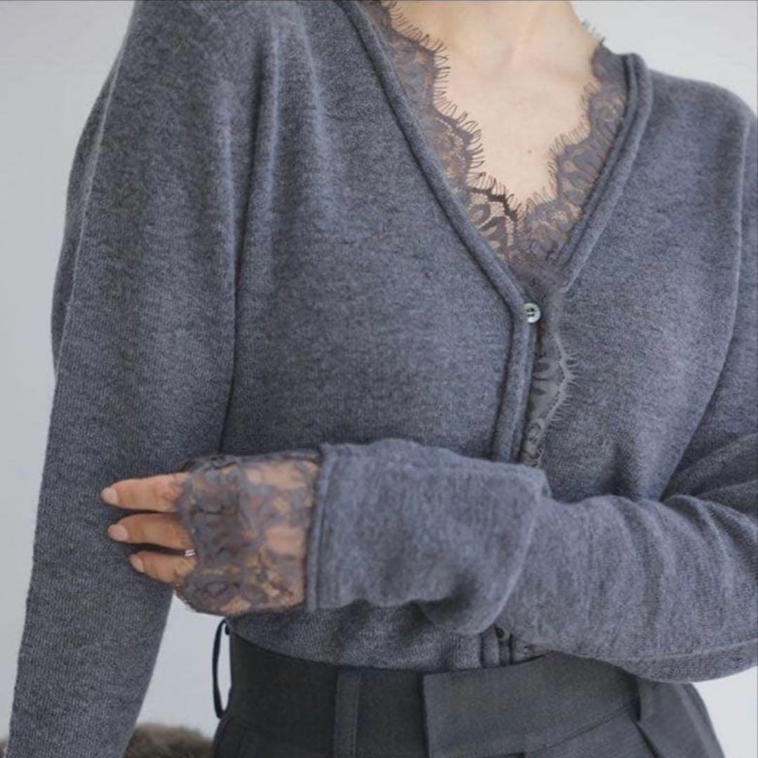 ⭐anuans アイラッシュレーストリミングニットカーディガン グレー