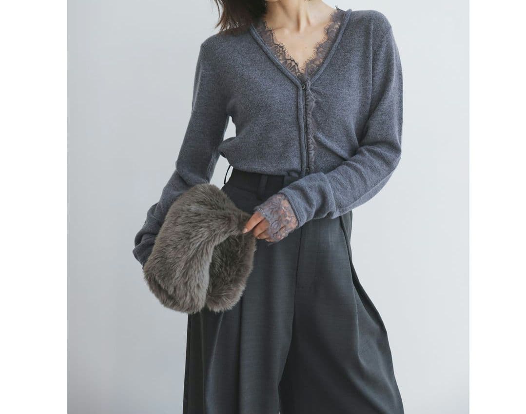 ⭐anuans アイラッシュレーストリミングニットカーディガン グレー