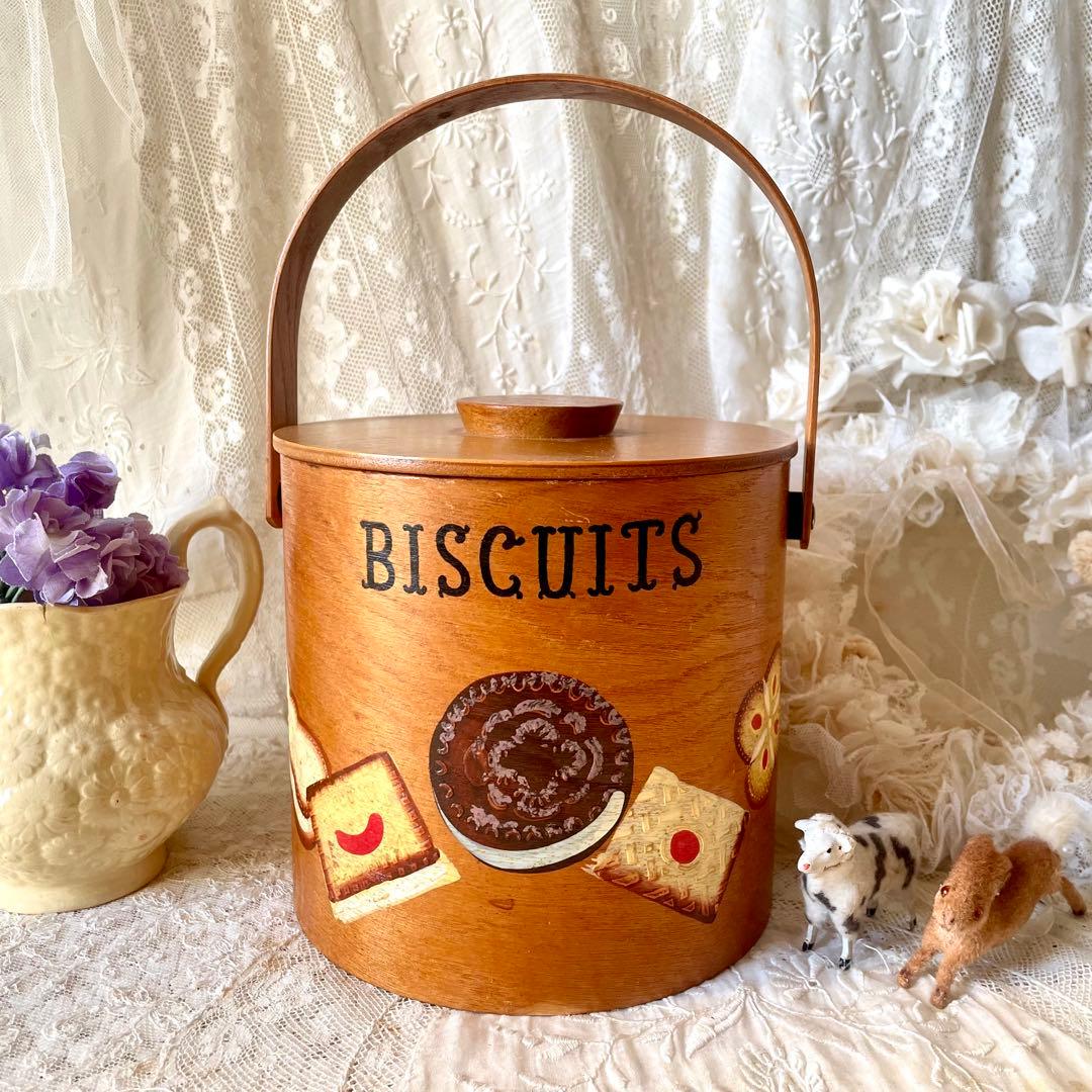 木製蓋付きビスケットジャー　キャニスター入れ持ち手ハンドルヨーロッパヴィンテージ 木製蓋付きビスケットジャー キャニスター入れ持ち手ハンドル