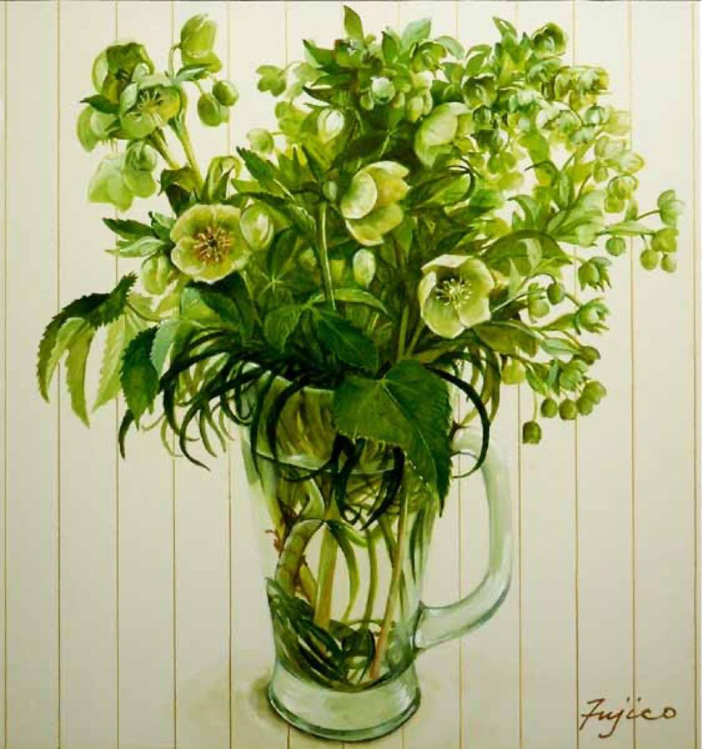 原画！橋本不二子「クリスマスローズ」水彩画 豪華アクリルBOX型額縁