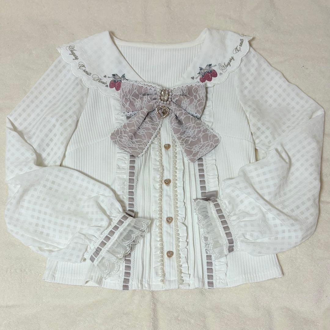 ストロベリー刺繍セーラーリブブラウス ピンク - メルカリ