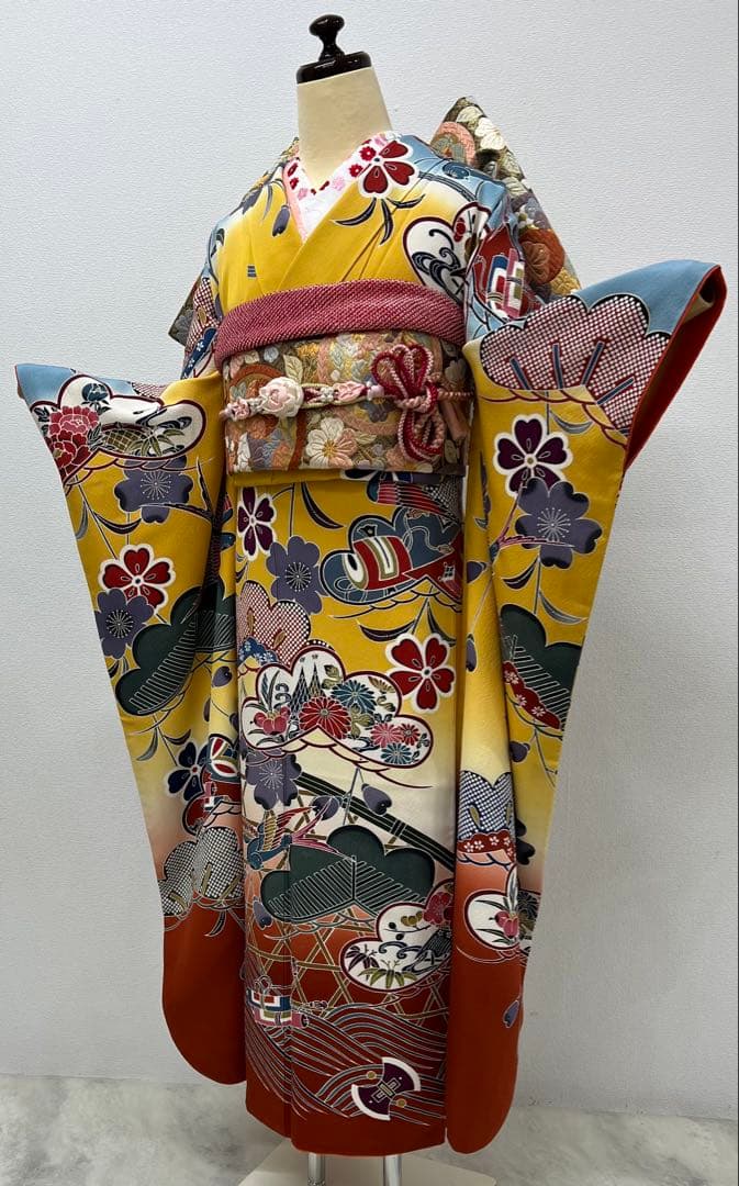 407伝統 紅型染め 花 正絹振袖6点フルセット成人式卒業式結婚