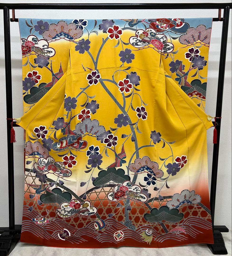 青 紅型染め 振り袖 フルセット 別誂長襦袢 成人式 美品 佐賀錦本唐織