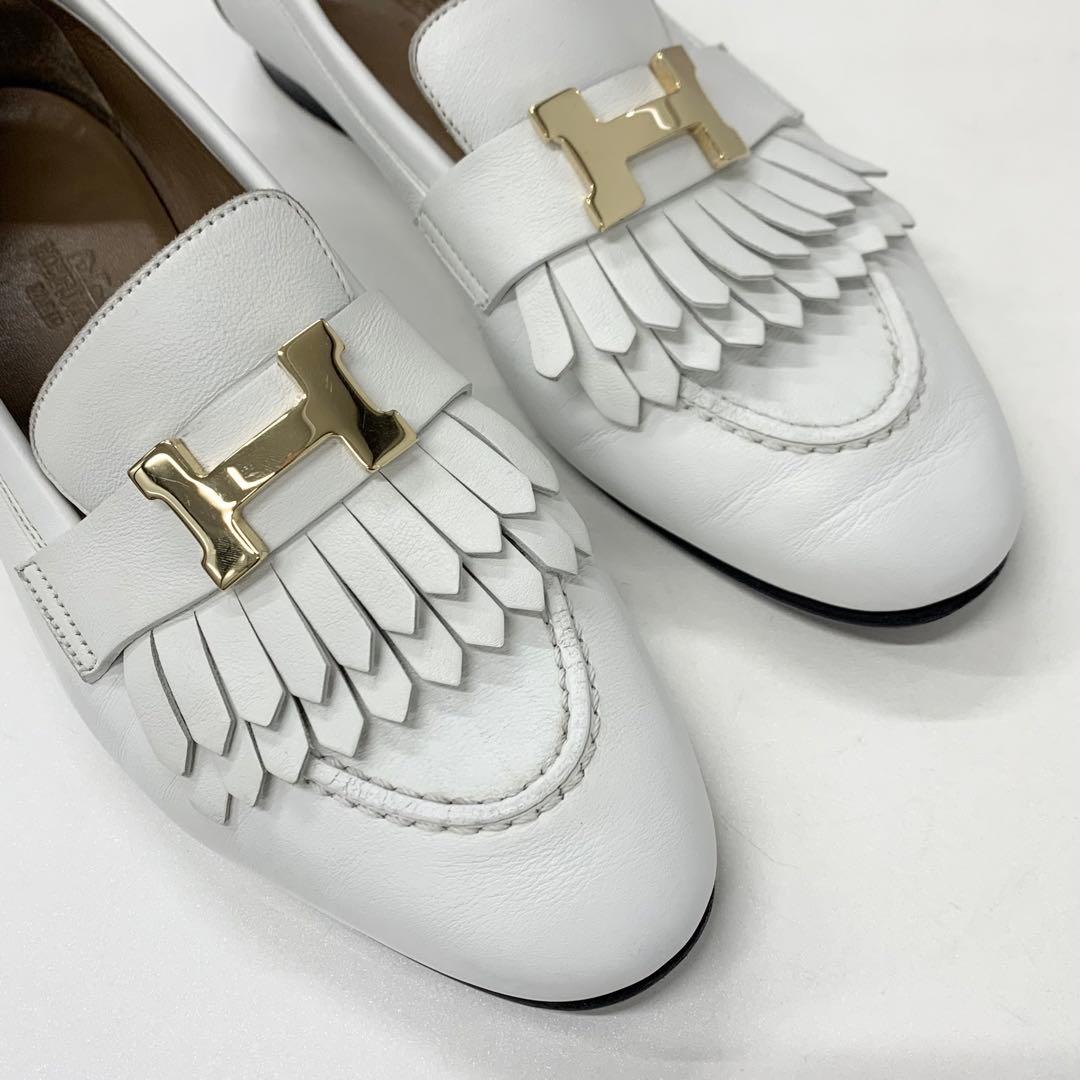 エルメス ロワイヤル レザー H金具 フリンジ ローファー ホワイト