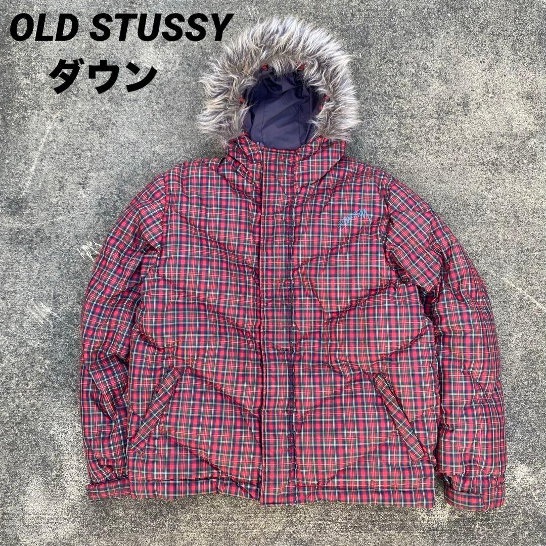 OLD STUSSY ステューシー 赤チェック フードファー ダウンジャケット