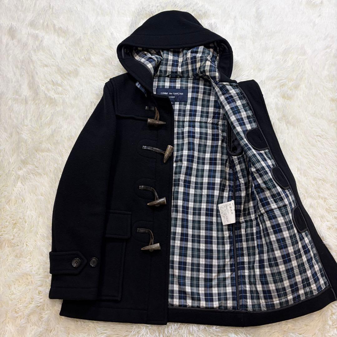 【美品】コムデギャルソンオム AD2009 ダッフルコート 裏地チェック 黒 S コムデギャルソンオム ダッフルコート チェック ウール AD2009 黒
