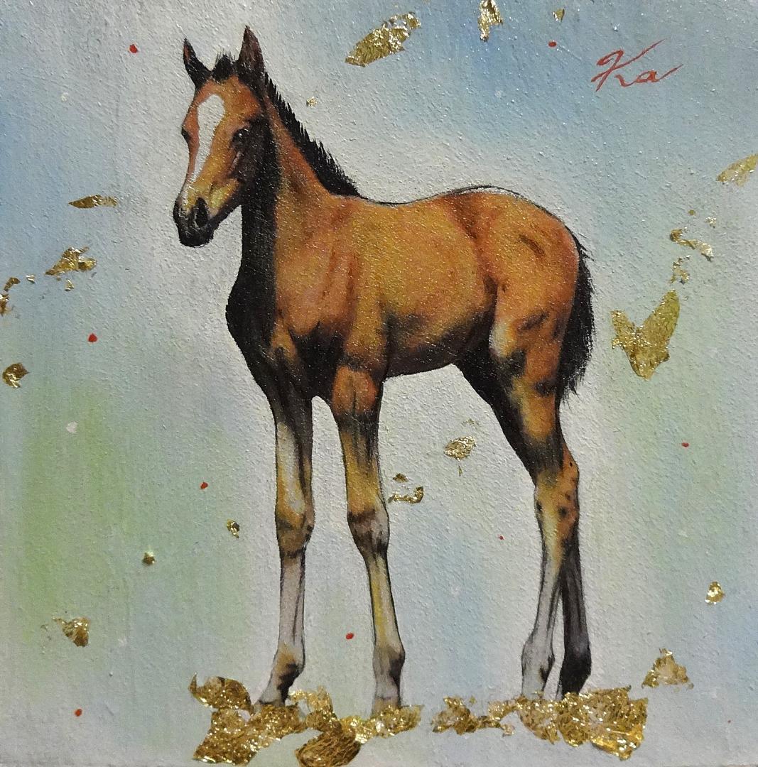 上鈴木正一 油彩画 20cm角『 佇む子馬 』新作原画 オススメの作品です