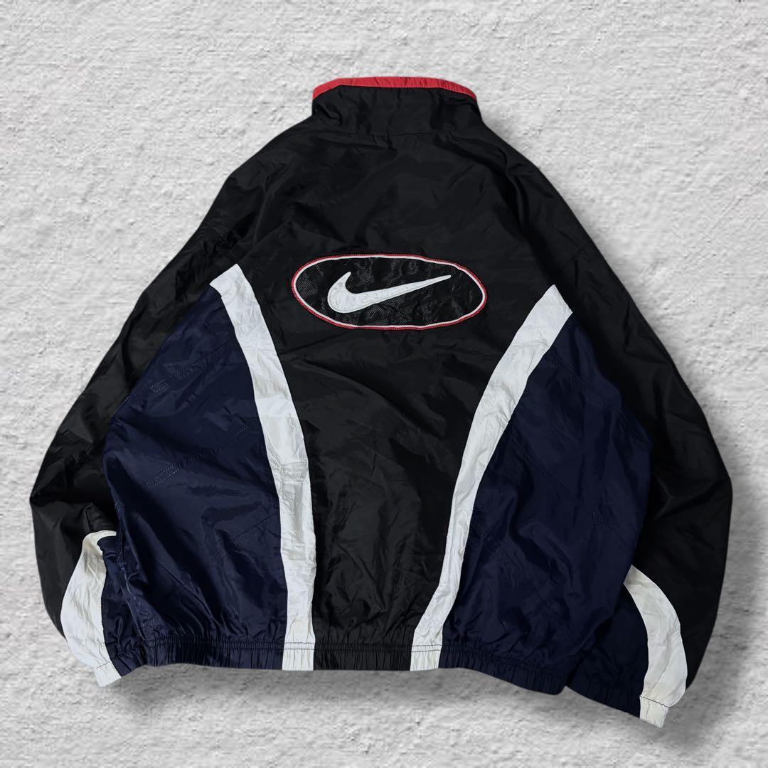 nikeナイキナイロンジャケット90sビッグロゴvintage古着ブラック刺繍L