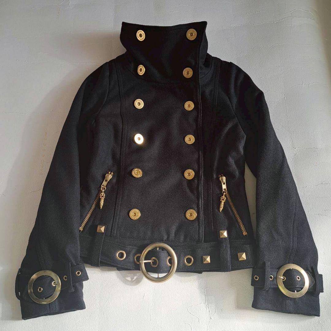 d.i.a ウールコート 金ボタン スタッズ バックル y2k 平成ギャル ベルト付ウール混カラーロング長袖ダブルボタンコート | レディース