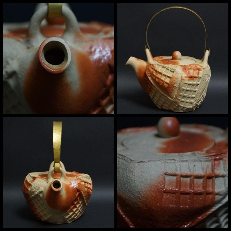 備前焼 小西陶蔵造 緋襷窯変 造形急須 黄銅打出し提手土瓶 共箱☆美品