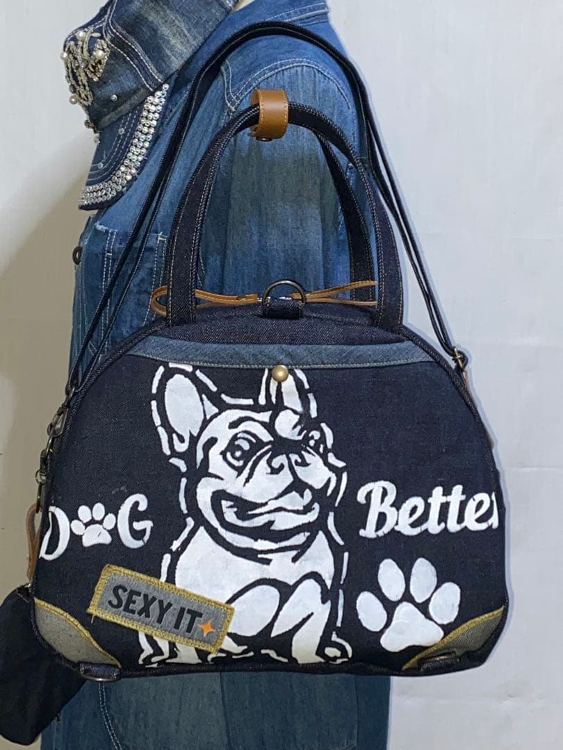 ☆岡山デニム☆ボステリ&フレブル☆ステンシル☆扇型☆4wayボストン