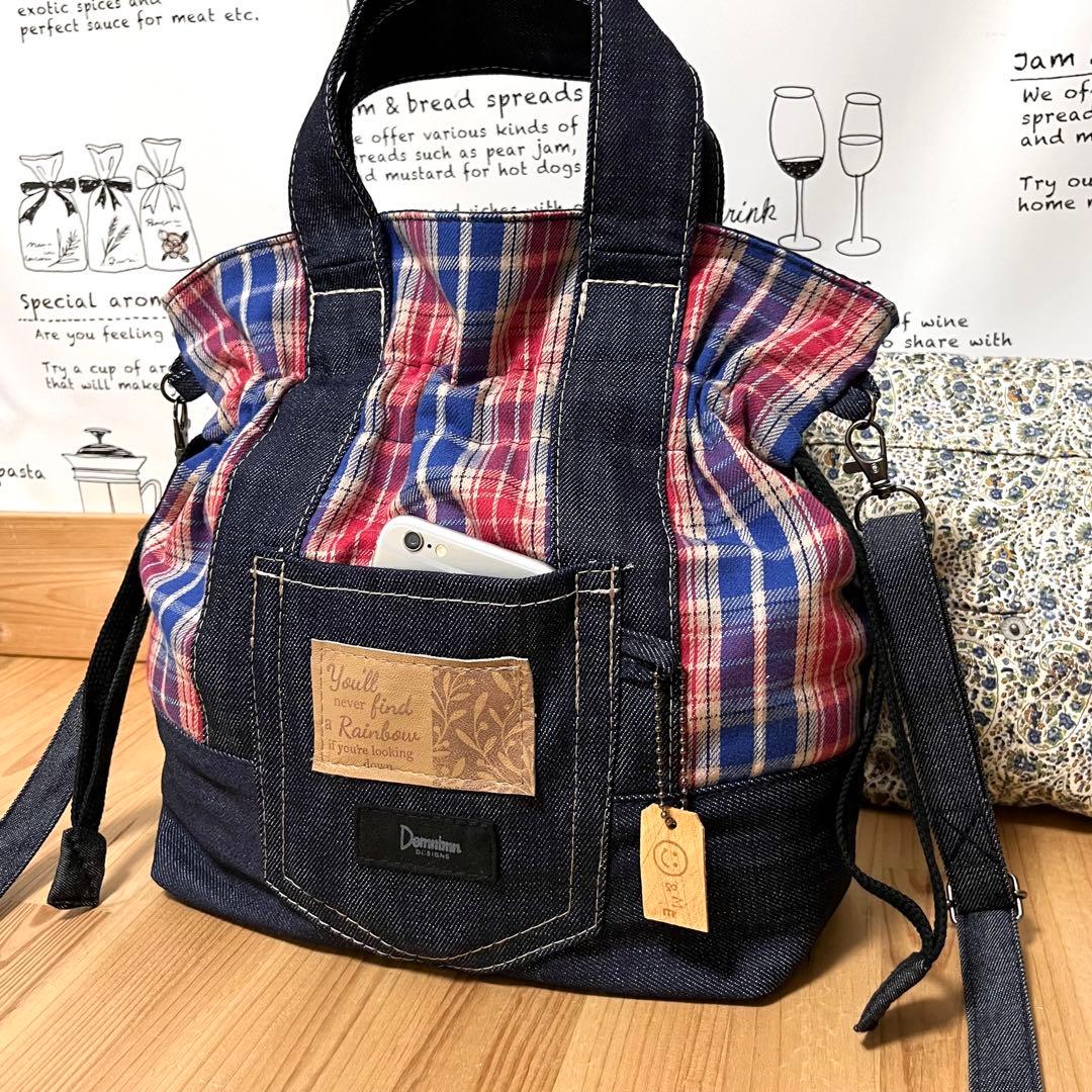 デニムリメイク タータンチェック 巾着 ショルダーバッグ