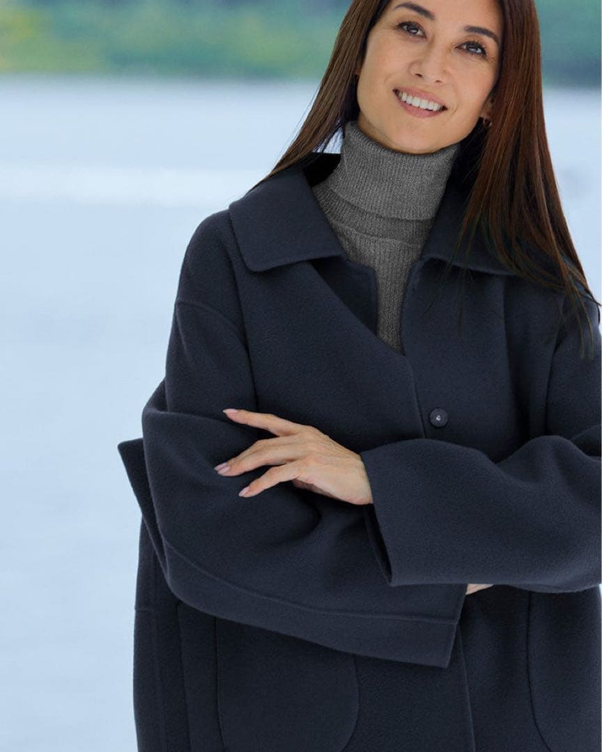 ドゥクラッセ　カシミヤ混ウールリバーステンカラーコート　ネイビー　サイズ9 カシミヤ混ウールリバー・コート/DoCLASSE