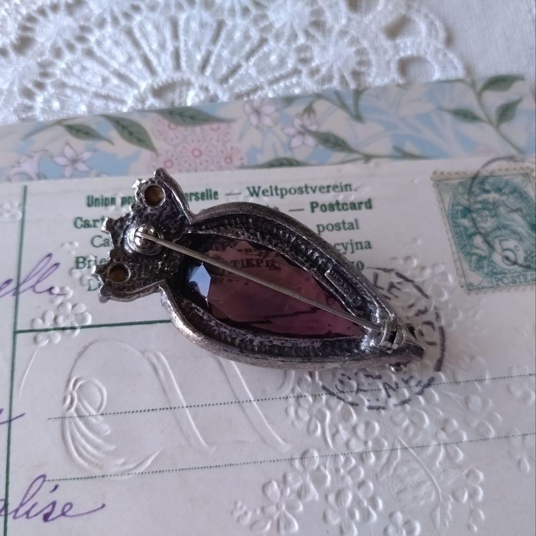 イギリス製ヴィンテージ MIRACLE パープルガラス ハート 王冠 ブローチ