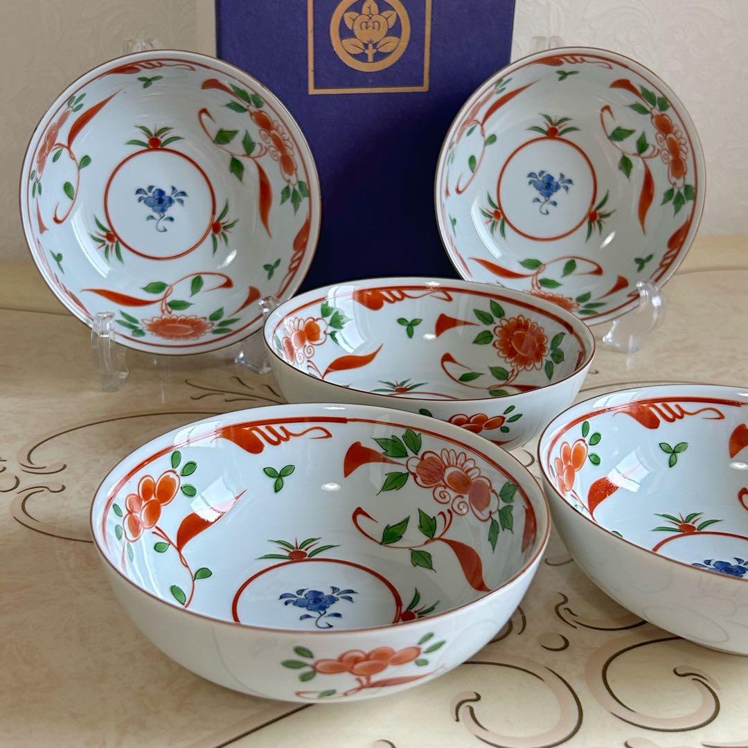 たち吉 赤絵花文 中鉢揃 5枚セット 取り皿 中皿 和食器 煮物鉢 浅鉢 和