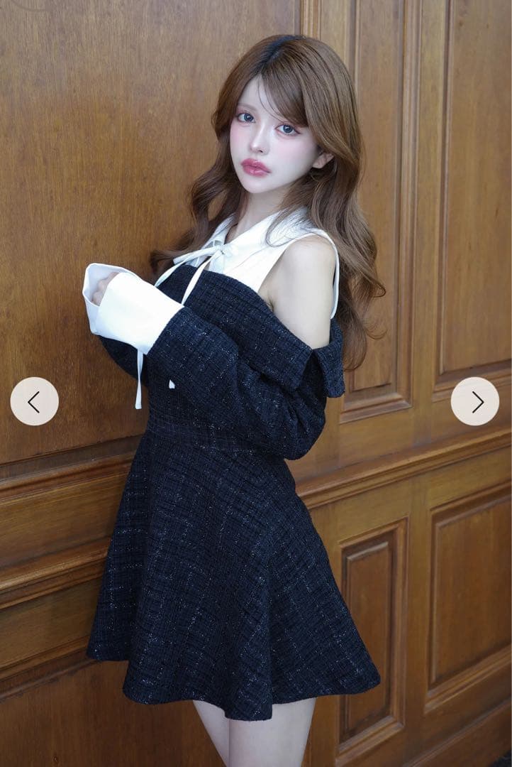 Randy ツイードショルダーカットフレアミニワンピース