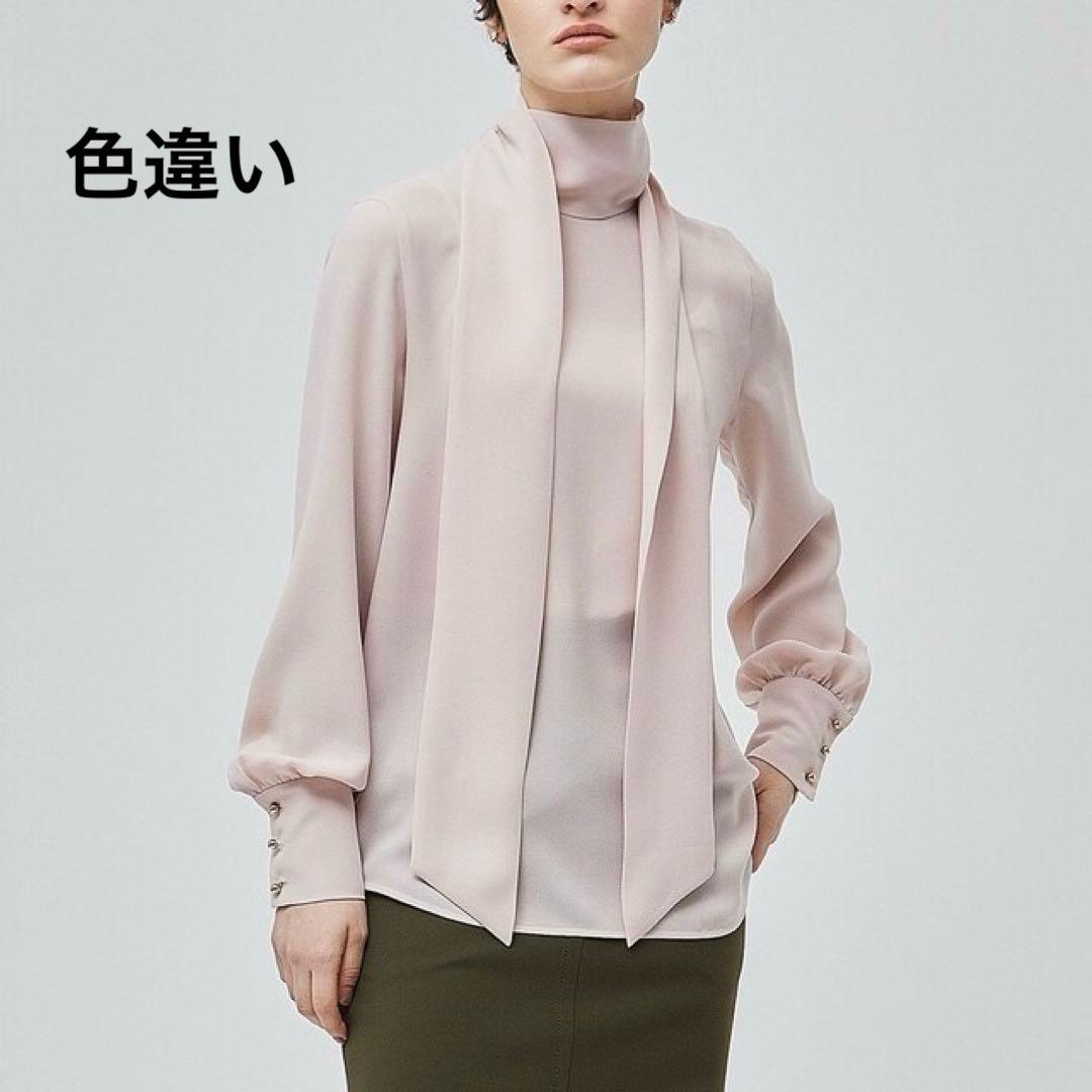 ベイジ】ボウタイ リボン ハイネック ブラウス とろみ ベージュ 金