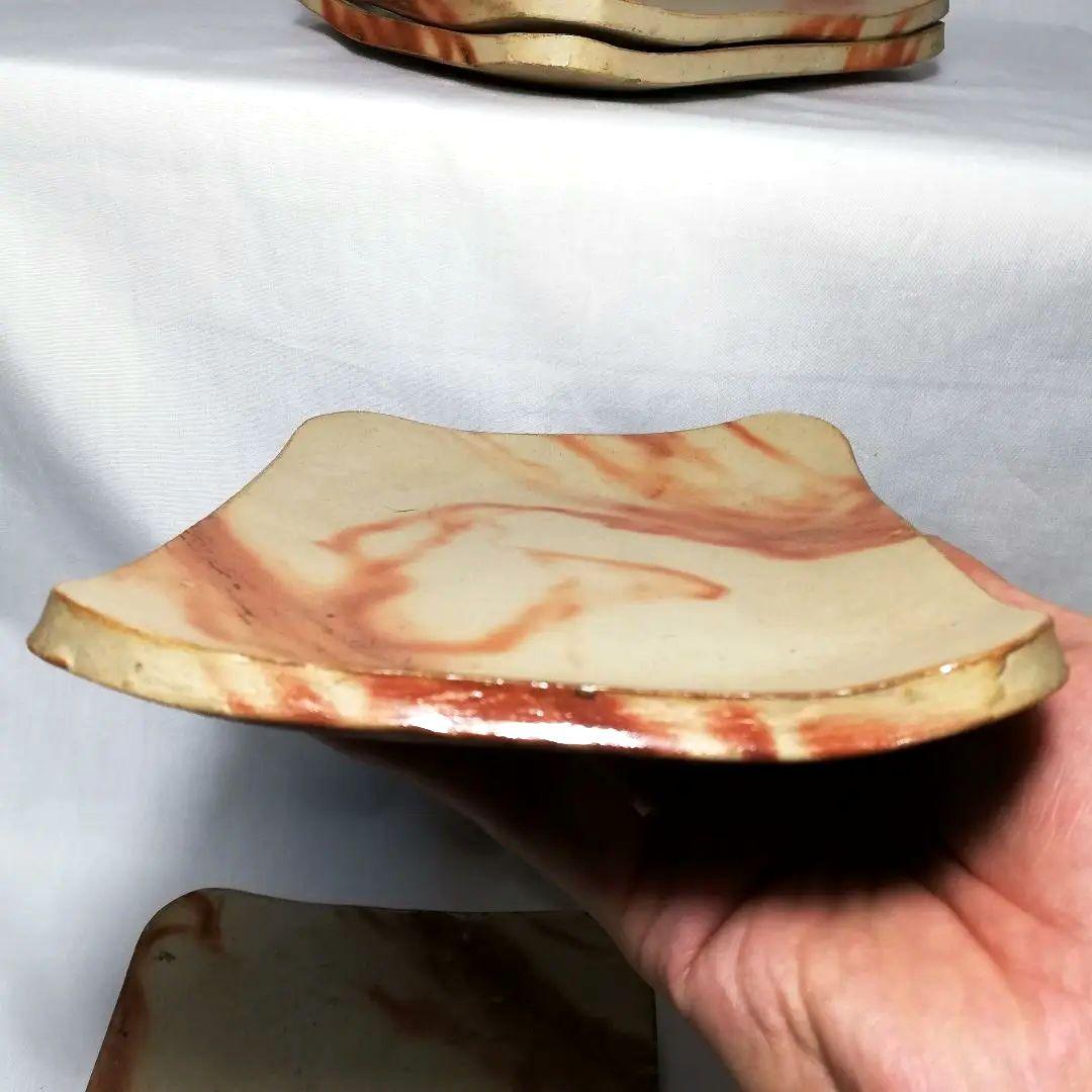 岡山県重要無形文化財 森陶岳 備前焼 銘々皿4枚 陶印あり 緋襷 長方皿