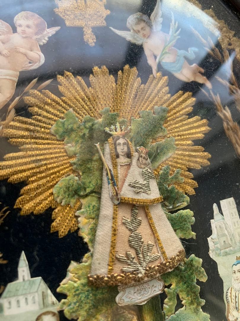 フランスアンティーク 19世紀ベルギーガラス額に美しくデコパージュ