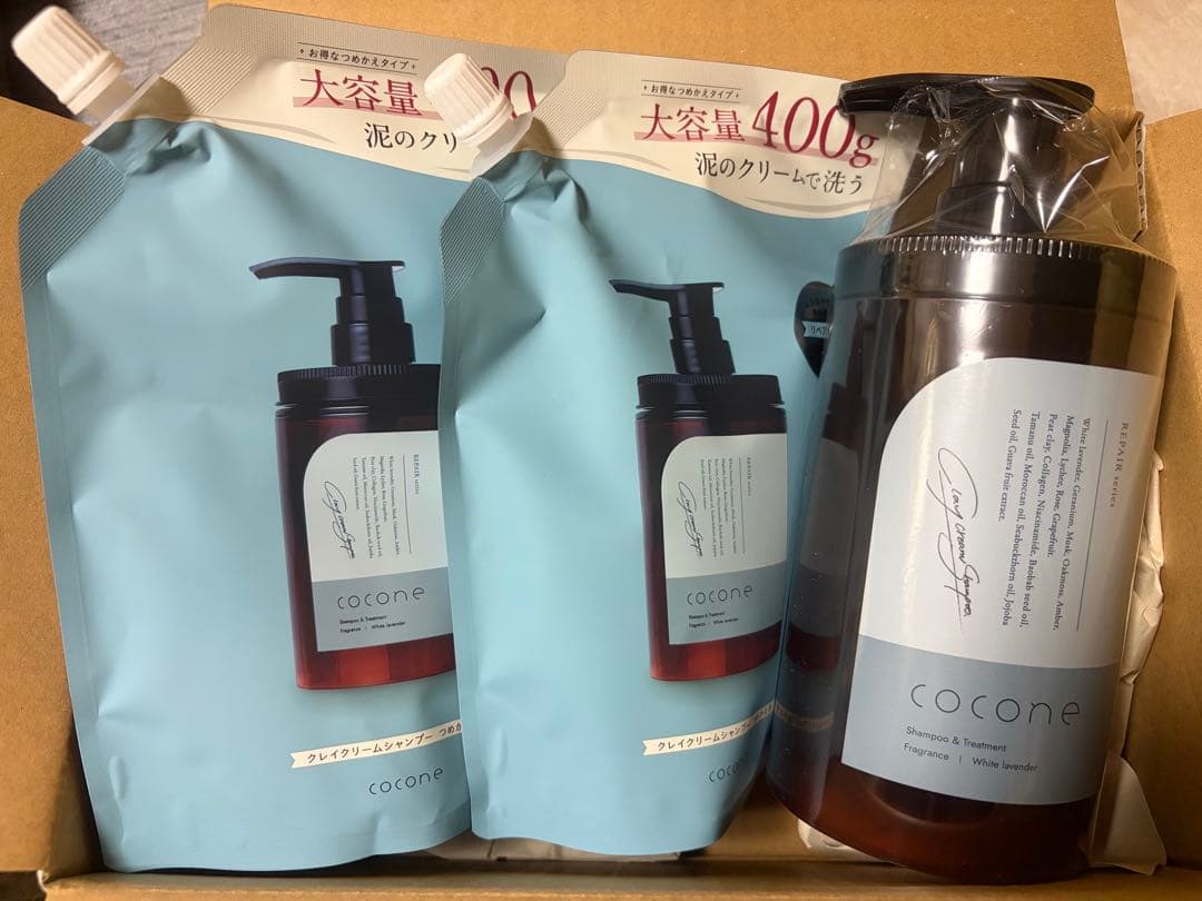 coconeクレイクリームシャンプーリペアボトル＆詰め替え2個セット cocone クリームシャンプー本体、詰め替え400g 2個セット cocone