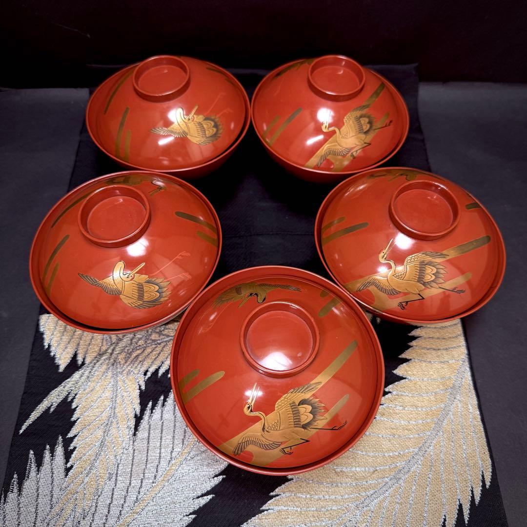 漆器 輪島塗 金蒔絵松鶴文 木製 蓋付椀 お煮物椀 吸物椀 5客 骨董品