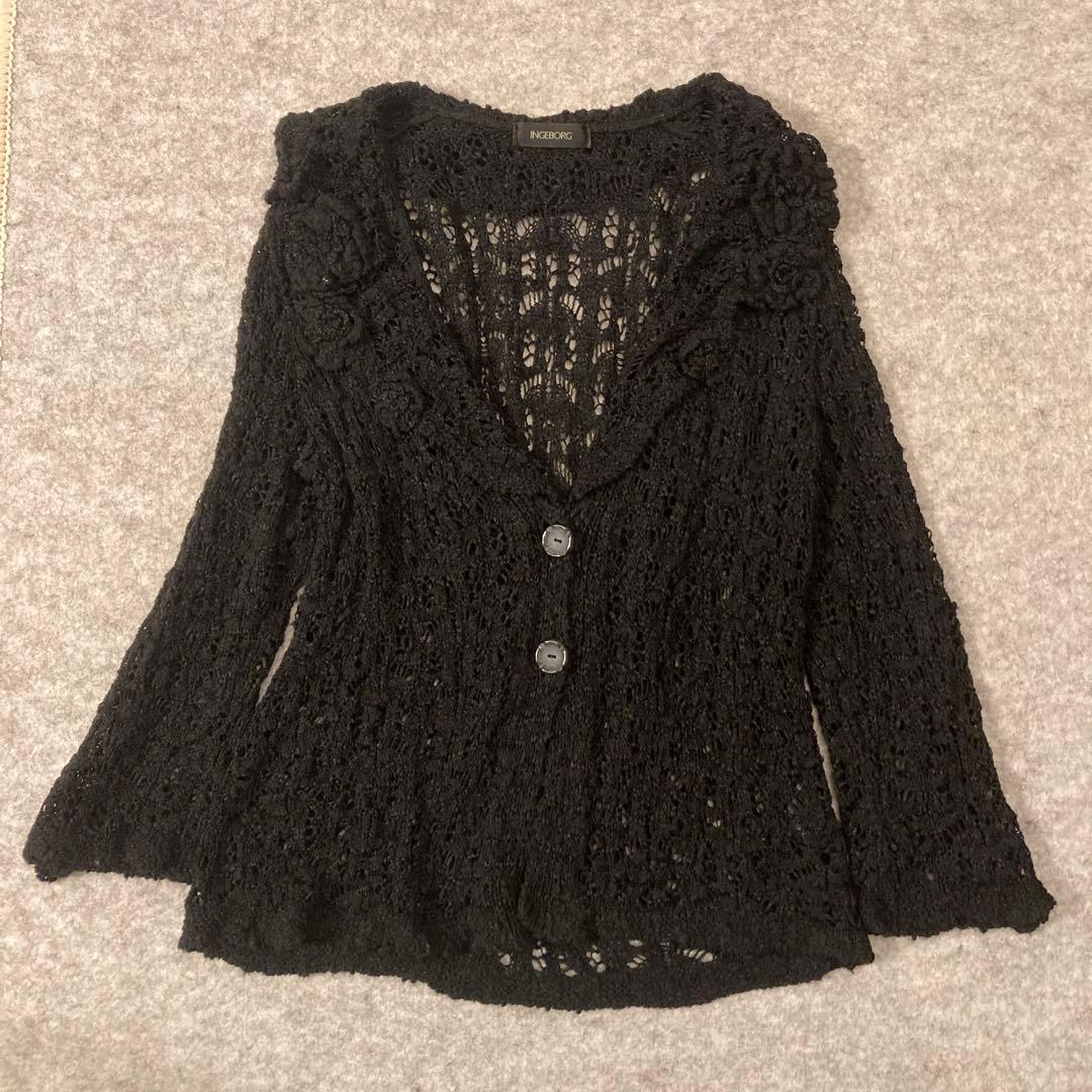 INGEBORG ブラック レース編みカーディガン フラワーモチーフ 日本製