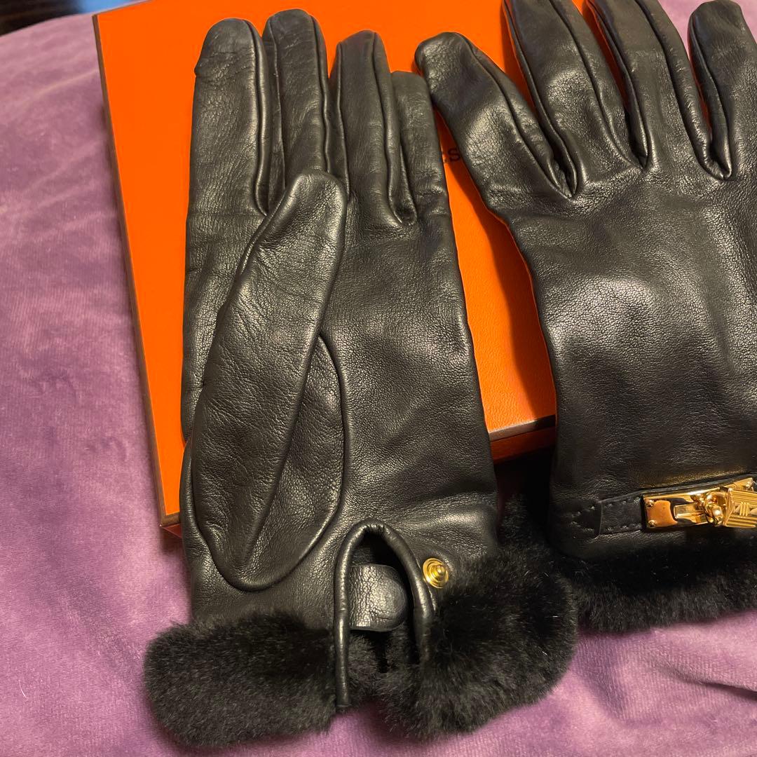 HERMES ラムスキン ファーケリーカデナグローブ手袋ブラック 7.5
