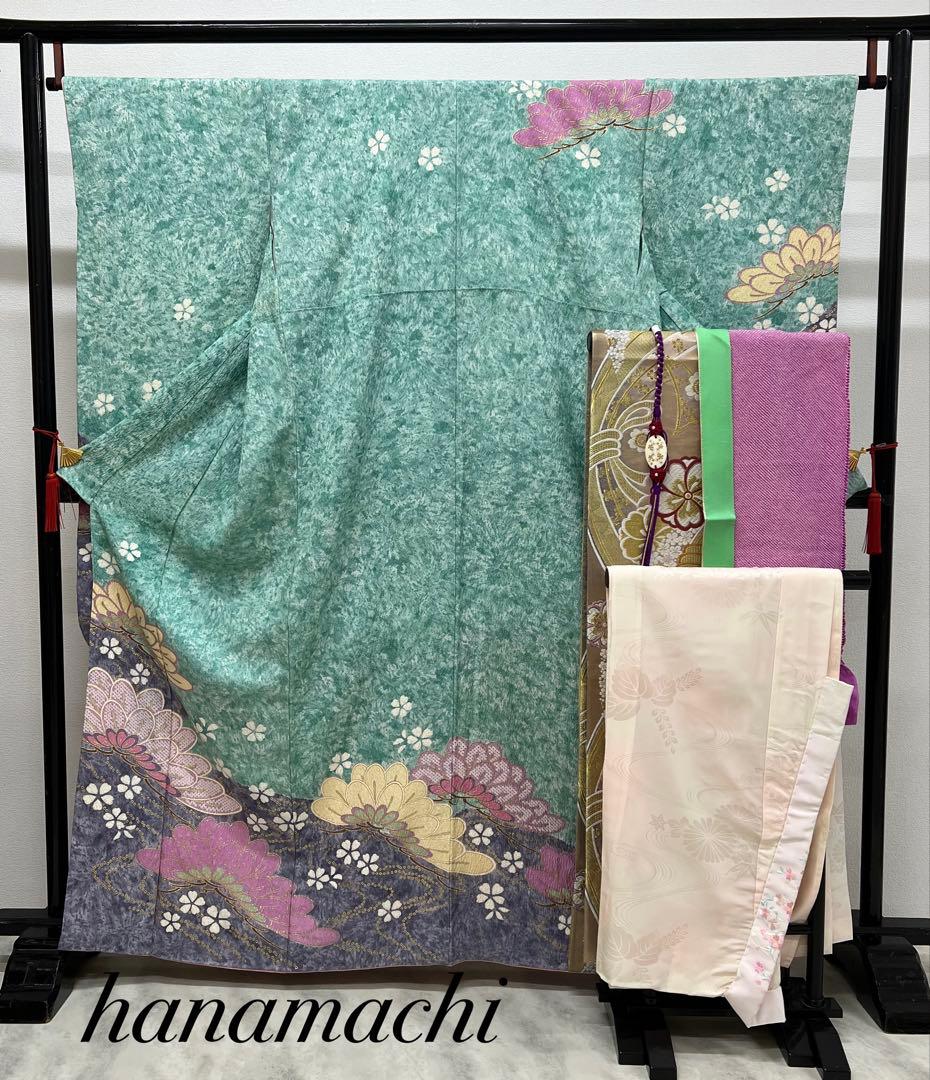 振り袖　フルセット　長襦袢付　金彩加工　疋田柄　結婚式　ふくれ織　成人式　740 最高級古典柄振袖 関芳/最高級金駒金彩刺繍友禅 白金 桜柄 キラキラ