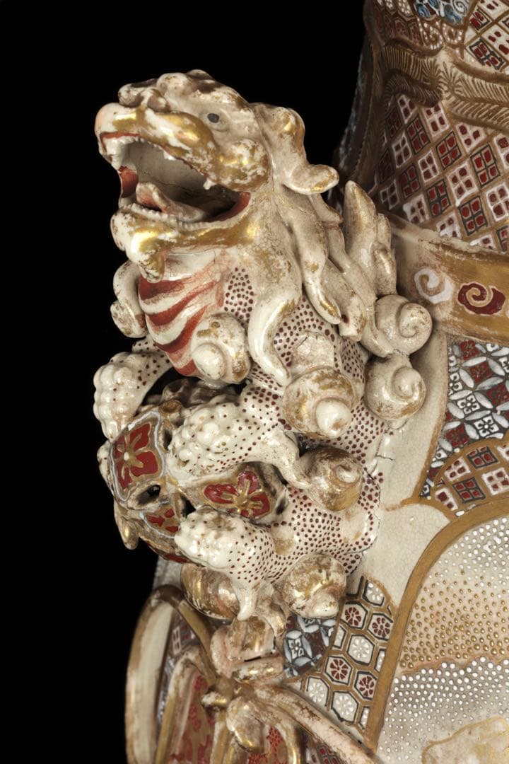 極上薩摩焼】特大金襴手色絵賢人図獅子摘蓋獅 香炉 飾壺 時代