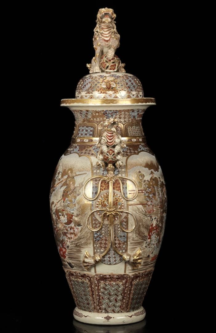 極上薩摩焼】特大金襴手色絵賢人図獅子摘蓋獅 香炉 飾壺 時代