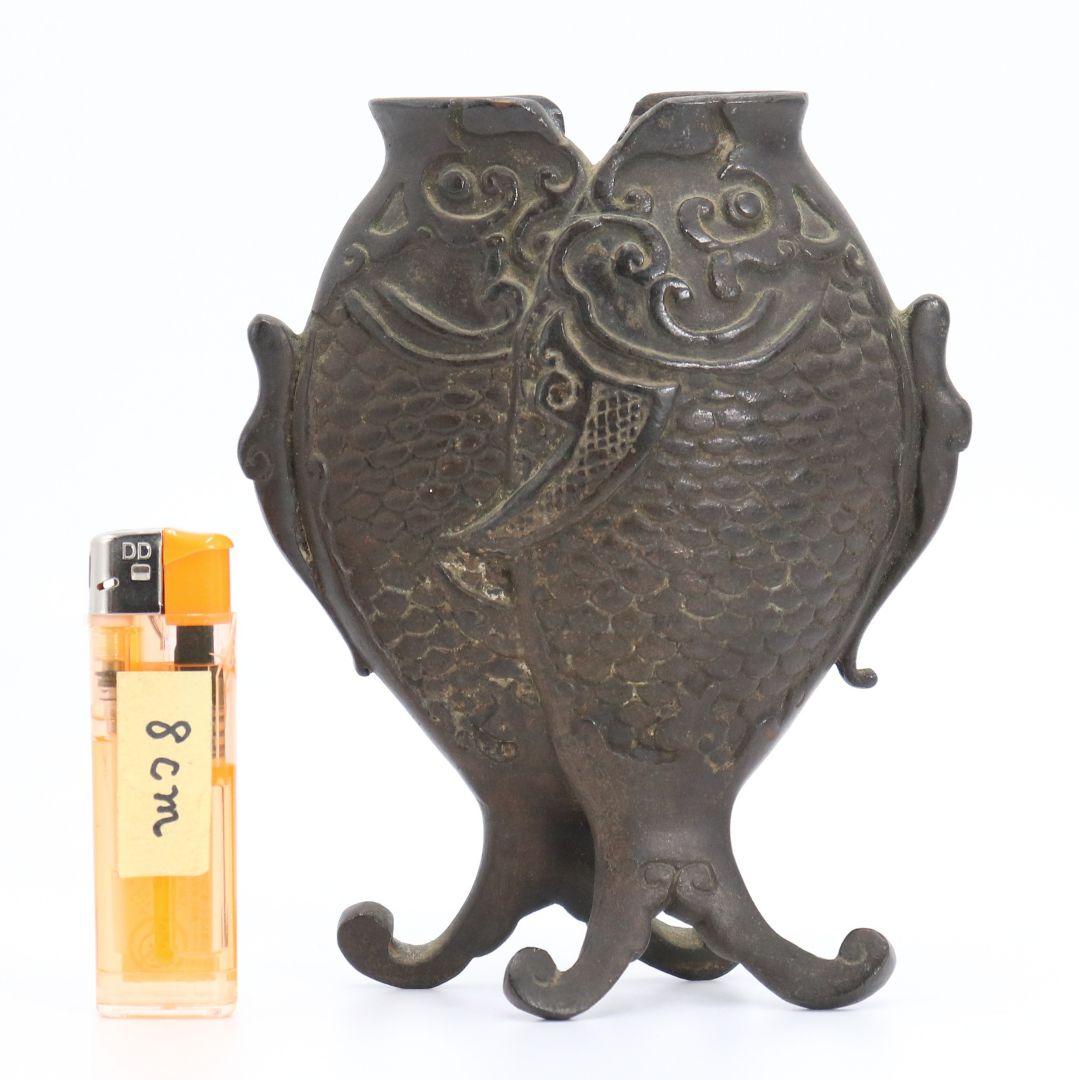 中国 古銅製 双魚花入 花器 花生 魚文 銅器 N64