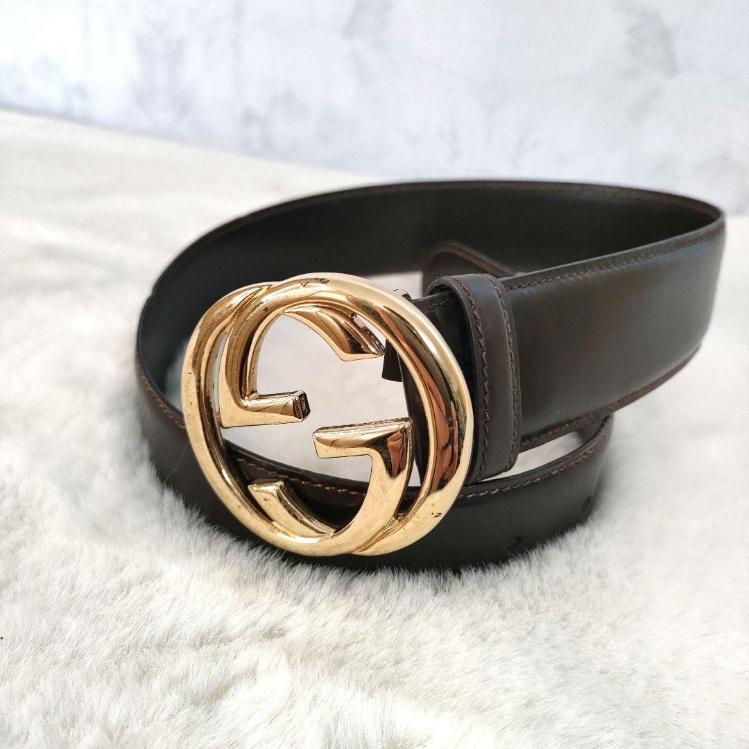 GUCCI ベルト GG バックル インターロッキング レザー ブラウン - メルカリ