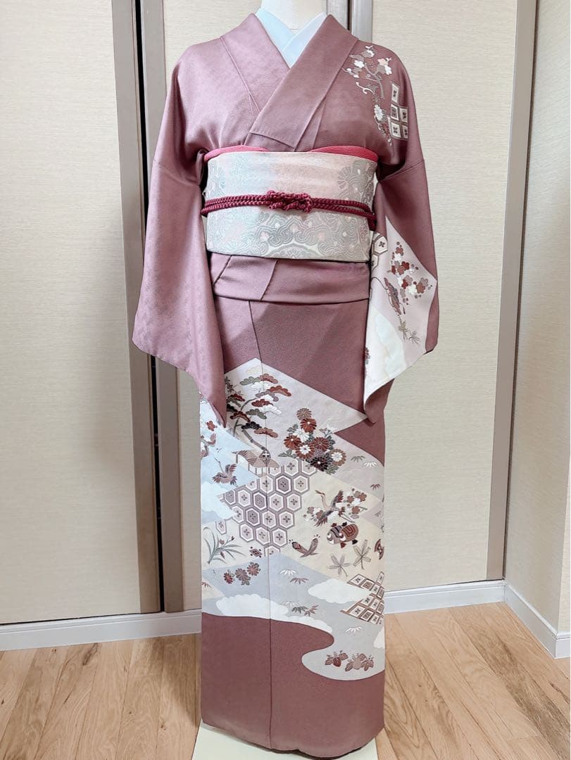 正絹 訪問着 フルセット 友禅 裄66 卒業式 入学式 お宮参 M 鳥 一つ紋