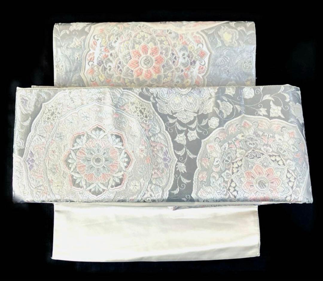 袋帯 ワンタッチ作り帯 マジックテープ 二重太鼓 プラチナ箔【法隆寺