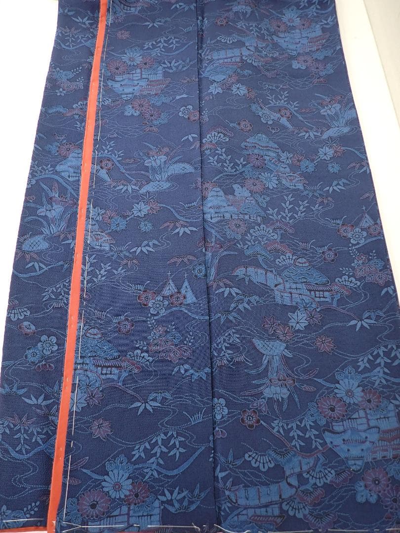 特選 藍染め 小紋 縮緬 極上 正絹 しつけ糸付き 身丈151cm(+8cm