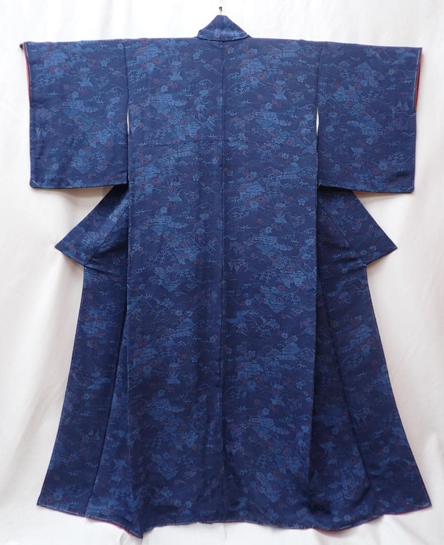 特選 藍染め 小紋 縮緬 極上 正絹 しつけ糸付き 身丈151cm(+8cm