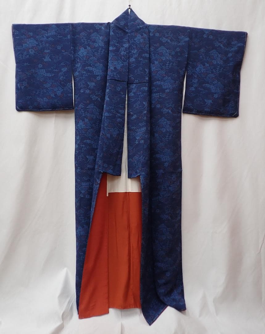 特選 藍染め 小紋 縮緬 極上 正絹 しつけ糸付き 身丈151cm(+8cm