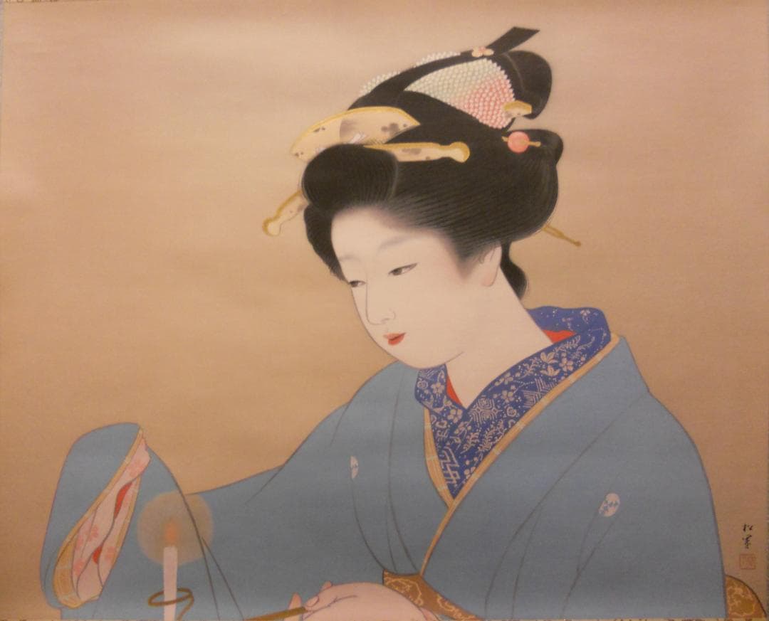 掛け軸 上村松園 『 灯 』 美人画 名品 複製 希少 茶道具 掛軸 新品 美人画 上村松園 灯 | Stained Glass Works