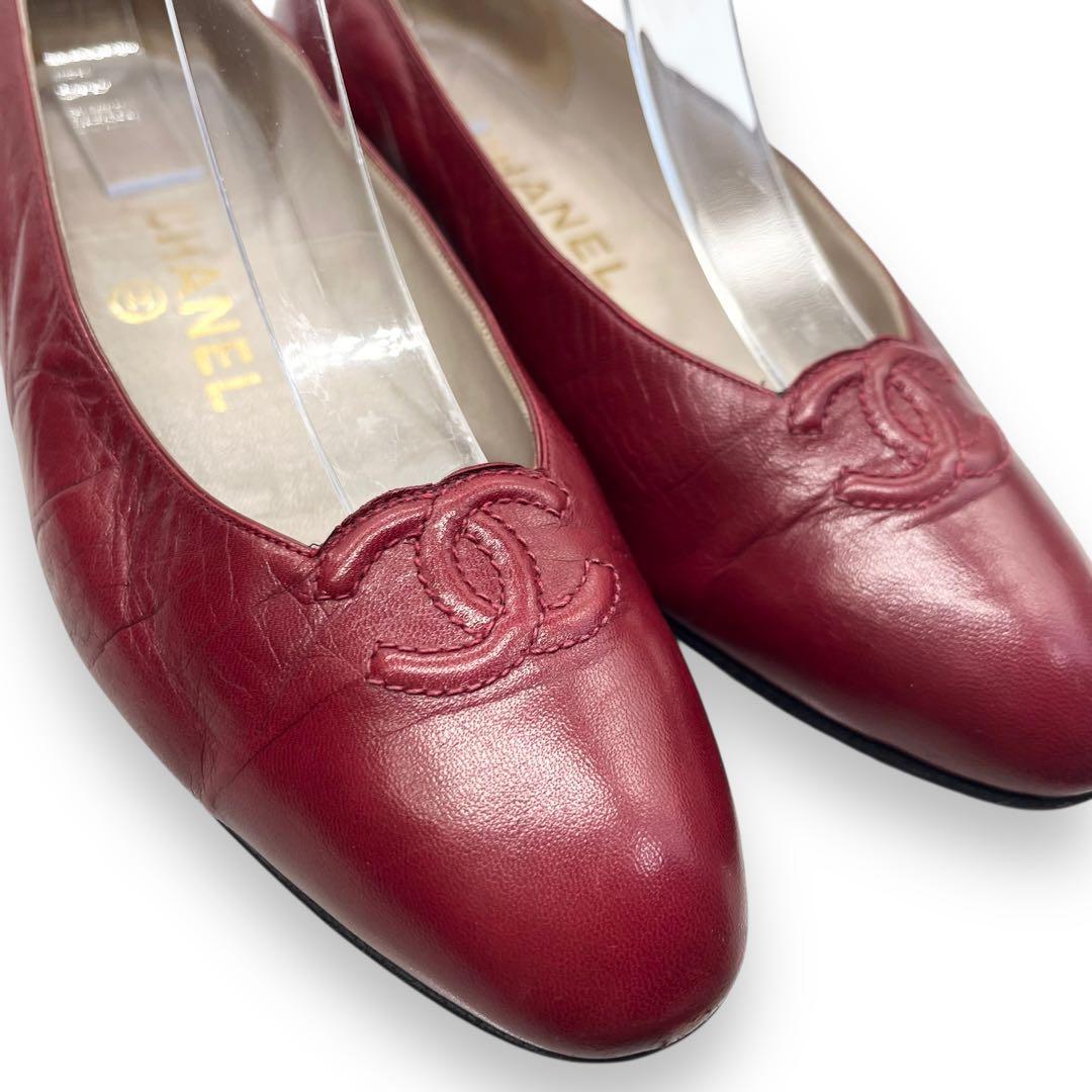 良品■シャネル　ヴィンテージ　フラットシューズ　ココマーク　赤　22.5cm