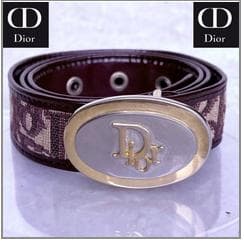 Dior ロゴ入りトロッター柄 ゴールド×シルバー ブラウンレザーベルト
