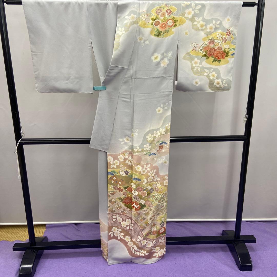 BY5133 未使用品 訪問着 薄いグレー 花柄 扇面 七宝 - メルカリ