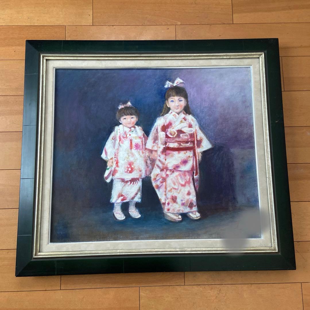 油彩 F10 姉妹 額あり横67.5縦60幅4cm位油彩画 洋画 (